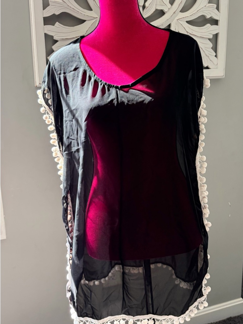 GDKEY | Sheer Black Pom‑Trim Cover‑Up